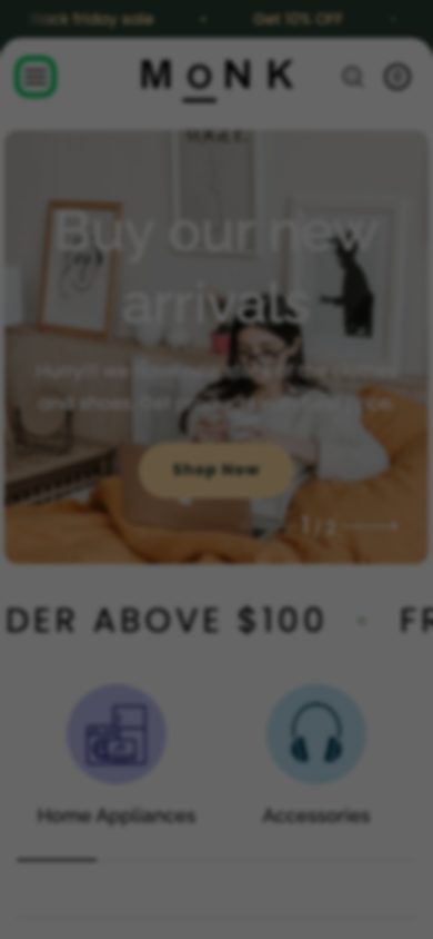 Hamburger → panel opened — Navi+ on the Monk Shopify theme Hamburger → panel opened — Navi+ on the Monk Shopify theme