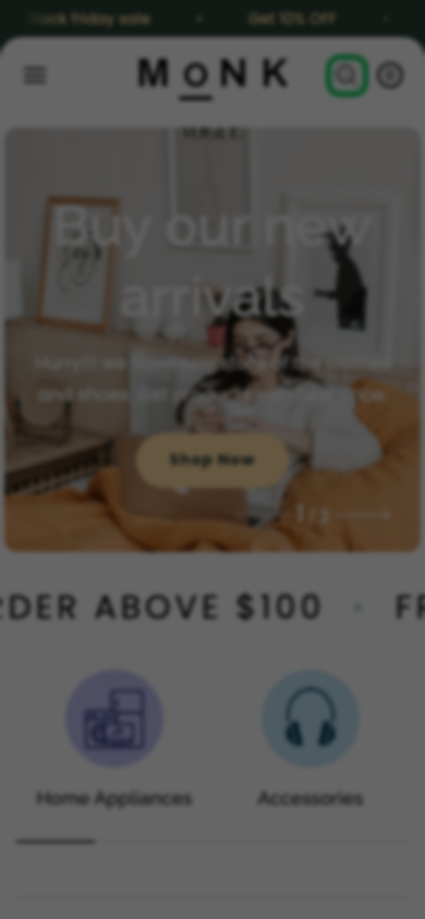 Search → panel opened — Navi+ on the Monk Shopify theme Search → panel opened — Navi+ on the Monk Shopify theme