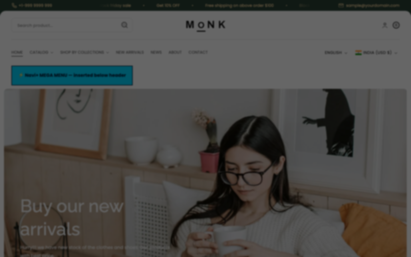 Menu inserted below header — Navi+ on the Monk Shopify theme Menu inserted below header — Navi+ on the Monk Shopify theme