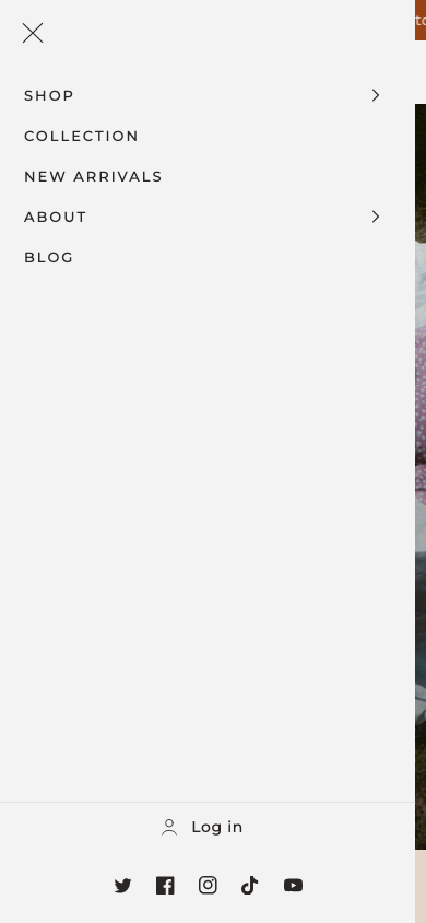 Hamburger → panel opened — Navi+ on the Mono Shopify theme