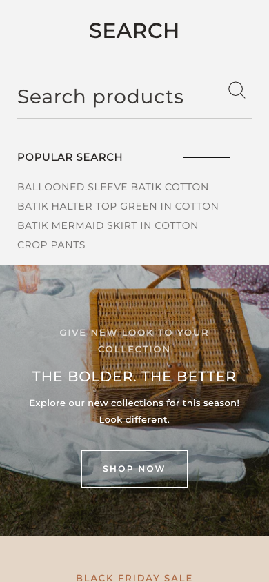 Search → panel opened — Navi+ on the Mono Shopify theme