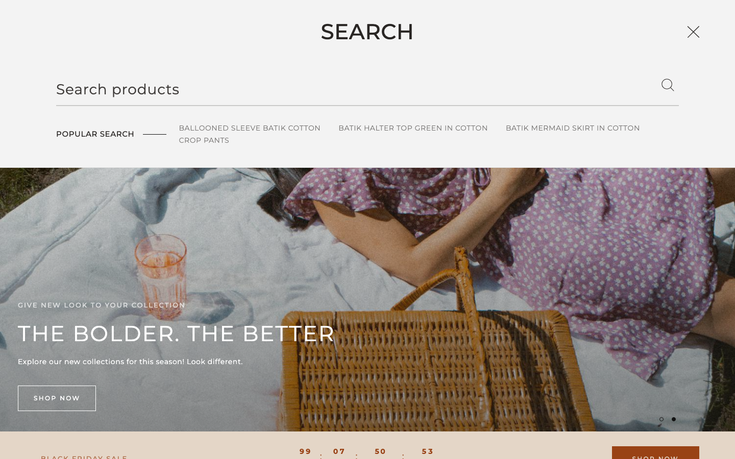 Search → panel opened — Navi+ on the Mono Shopify theme