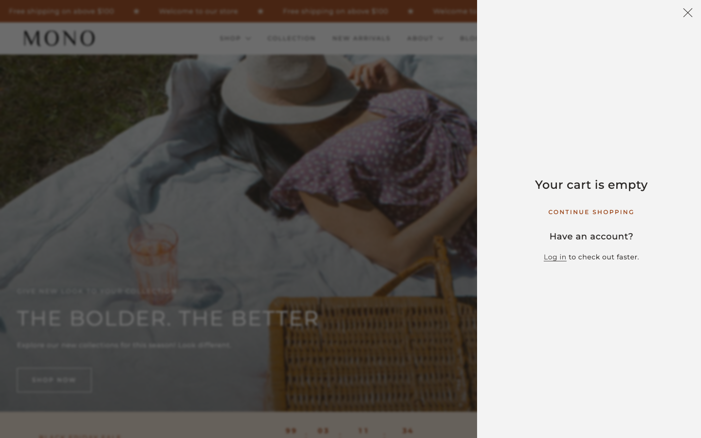 Cart → panel opened — Navi+ on the Mono Shopify theme