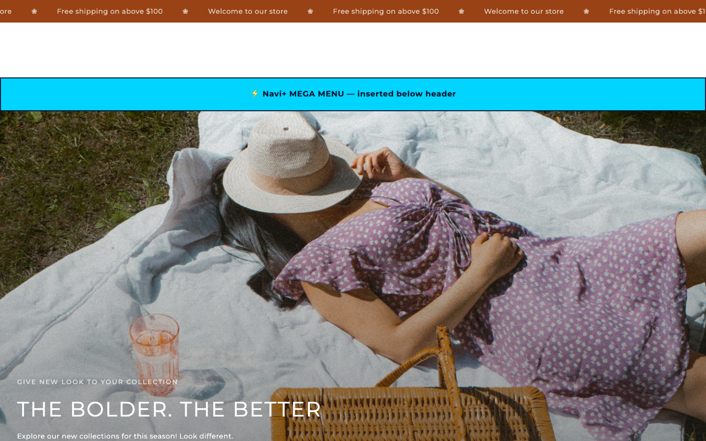 Menu inserted below header — Navi+ on the Mono Shopify theme