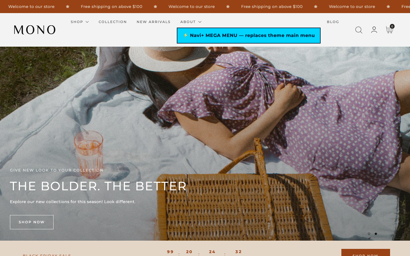 Replace main menu — Navi+ on the Mono Shopify theme