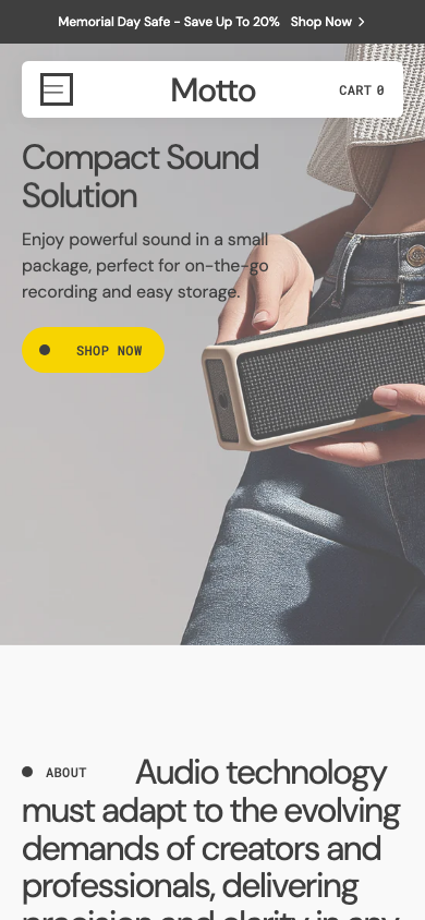 Hamburger → panel opened — Navi+ on the Motto Shopify theme
