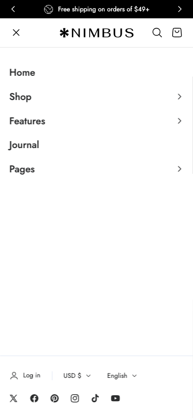 Hamburger → panel opened — Navi+ on the Nimbus Shopify theme