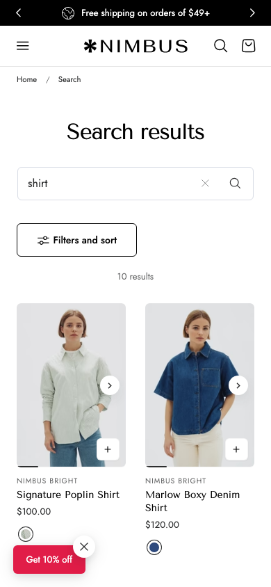 Search → panel opened — Navi+ on the Nimbus Shopify theme