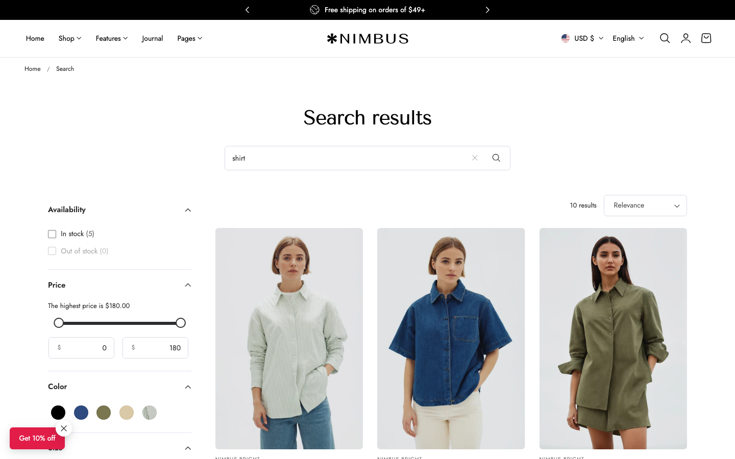 Search → panel opened — Navi+ on the Nimbus Shopify theme