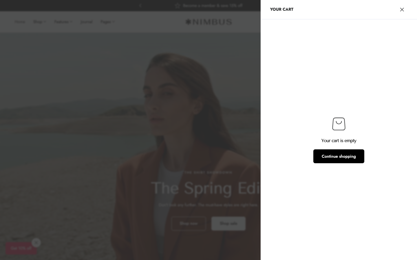 Cart → panel opened — Navi+ on the Nimbus Shopify theme