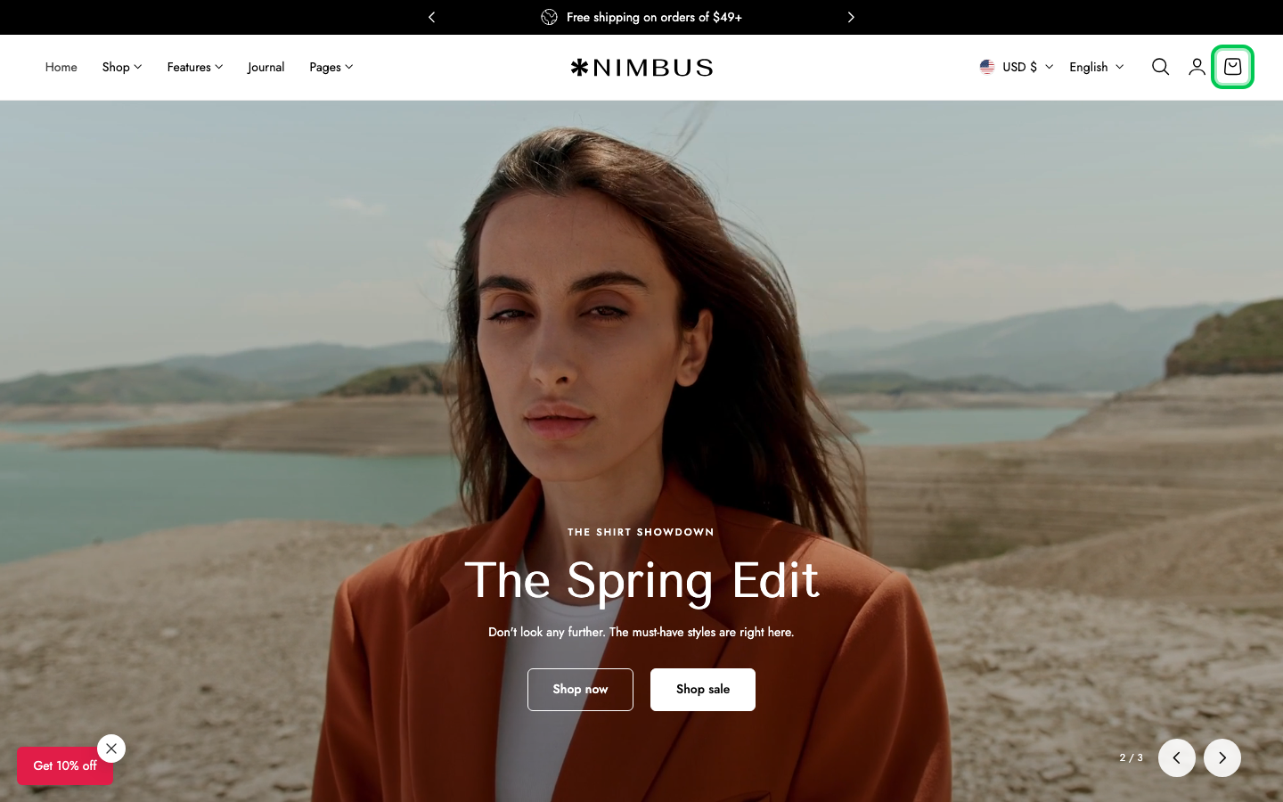 Cart → panel opened — Navi+ on the Nimbus Shopify theme
