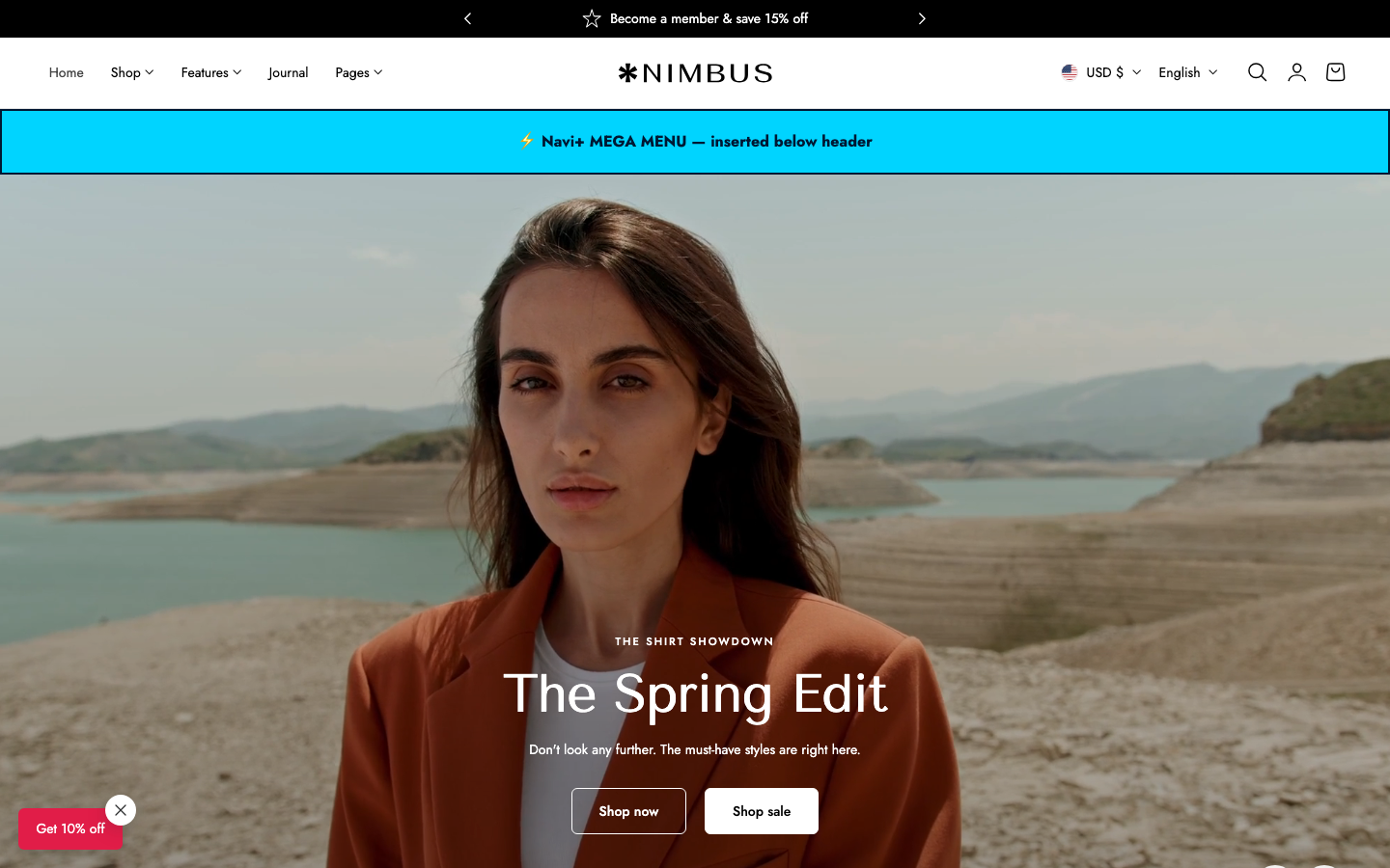 Menu inserted below header — Navi+ on the Nimbus Shopify theme