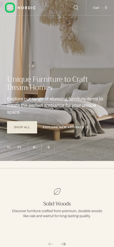 Hamburger → panel opened — Navi+ on the Nordic Shopify theme