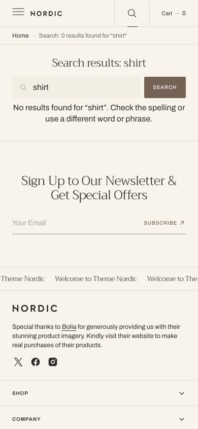 Search → panel opened — Navi+ on the Nordic Shopify theme