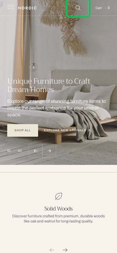 Search → panel opened — Navi+ on the Nordic Shopify theme