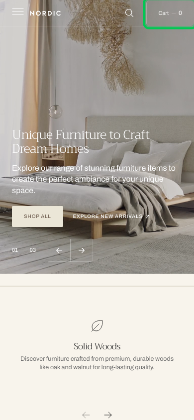 Cart → panel opened — Navi+ on the Nordic Shopify theme