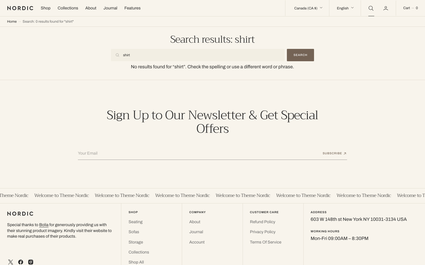 Search → panel opened — Navi+ on the Nordic Shopify theme