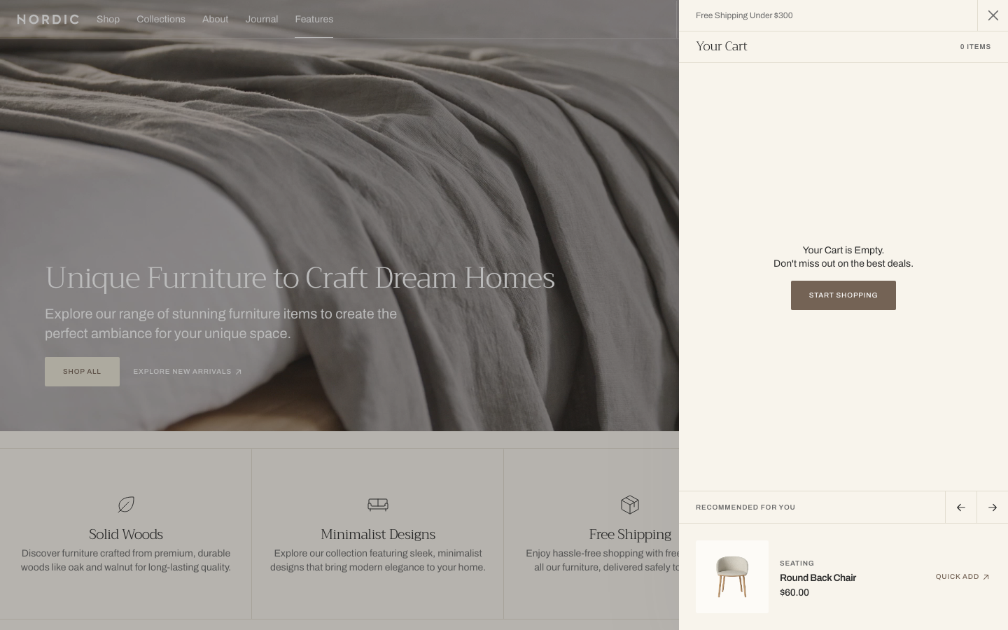 Cart → panel opened — Navi+ on the Nordic Shopify theme