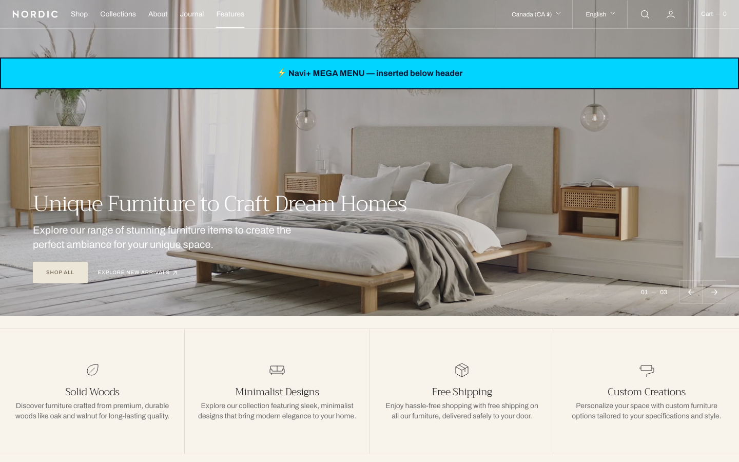 Menu inserted below header — Navi+ on the Nordic Shopify theme