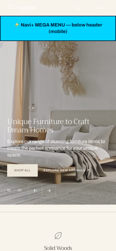 Menu inserted below header — Navi+ on the Nordic Shopify theme
