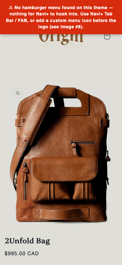 Hamburger → panel opened — Navi+ on the Origin Shopify theme Hamburger → panel opened — Navi+ on the Origin Shopify theme