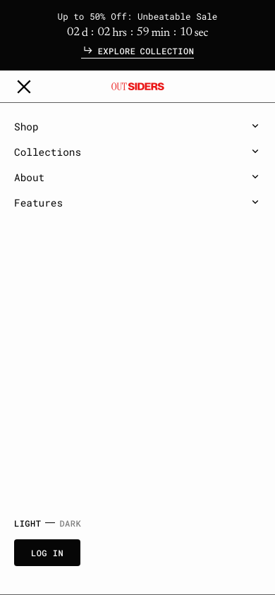 Hamburger → panel opened — Navi+ on the Outsiders Shopify theme