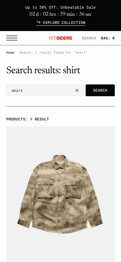 Search → panel opened — Navi+ on the Outsiders Shopify theme