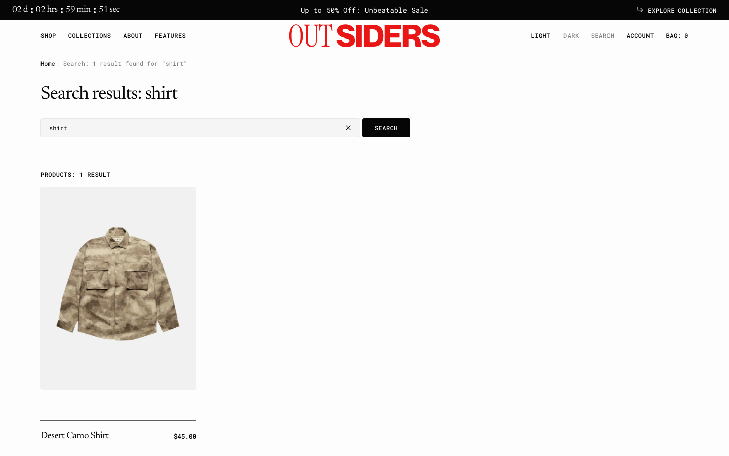 Search → panel opened — Navi+ on the Outsiders Shopify theme