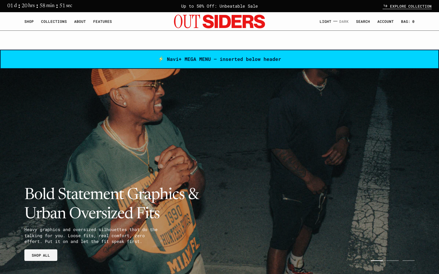 Menu inserted below header — Navi+ on the Outsiders Shopify theme