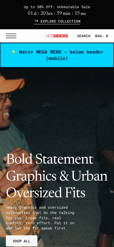 Menu inserted below header — Navi+ on the Outsiders Shopify theme