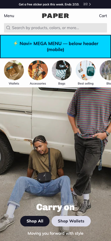 Menu inserted below header — Navi+ on the Paper Shopify theme Menu inserted below header — Navi+ on the Paper Shopify theme