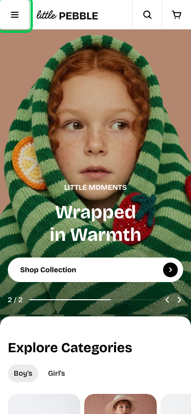 Hamburger → panel opened — Navi+ on the Pebble Shopify theme