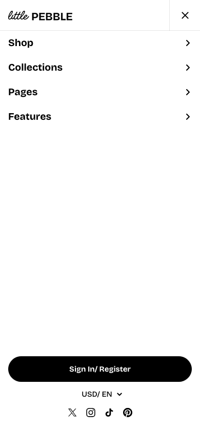 Hamburger → panel opened — Navi+ on the Pebble Shopify theme