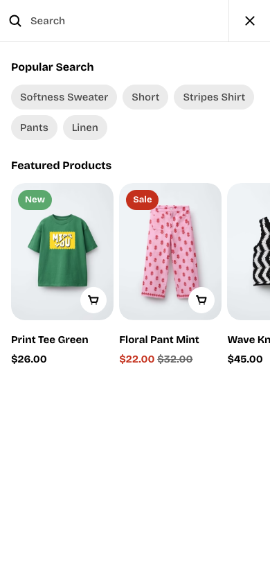 Search → panel opened — Navi+ on the Pebble Shopify theme