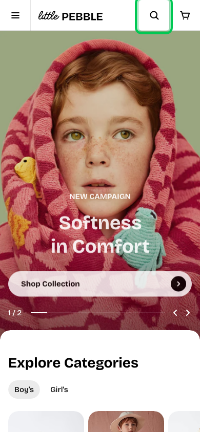 Search → panel opened — Navi+ on the Pebble Shopify theme