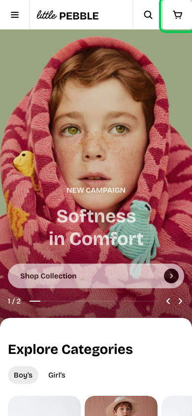 Cart → panel opened — Navi+ on the Pebble Shopify theme