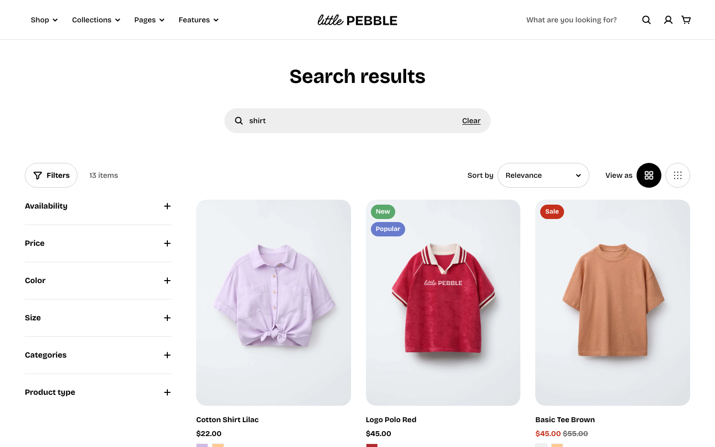 Search → panel opened — Navi+ on the Pebble Shopify theme