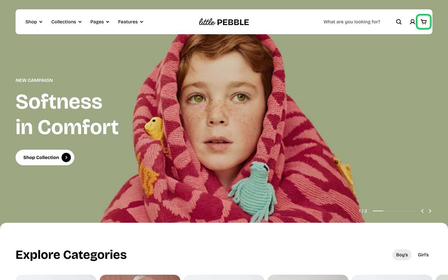 Cart → panel opened — Navi+ on the Pebble Shopify theme