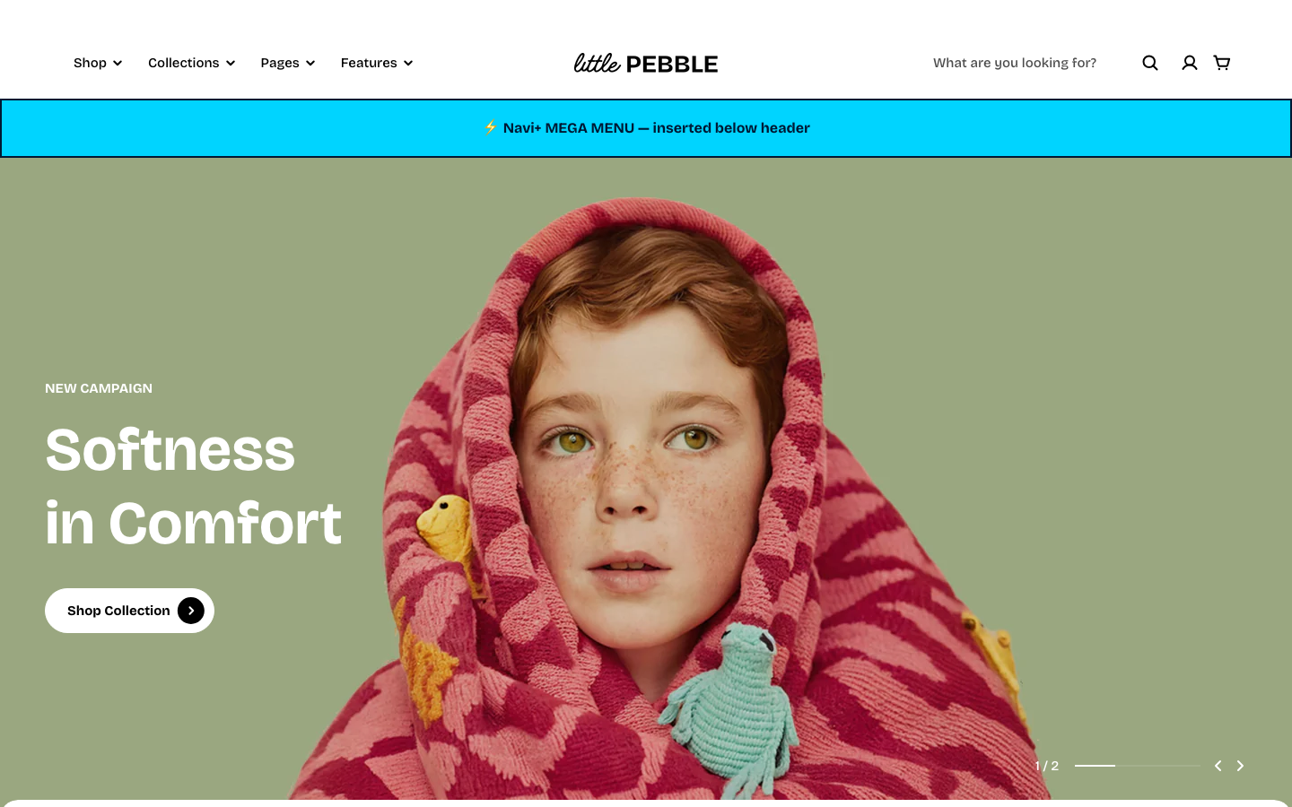 Menu inserted below header — Navi+ on the Pebble Shopify theme
