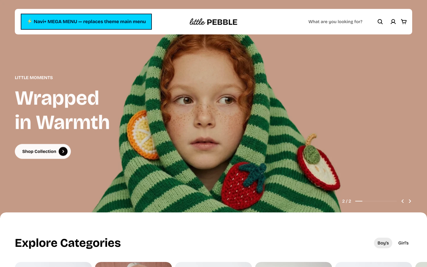 Replace main menu — Navi+ on the Pebble Shopify theme