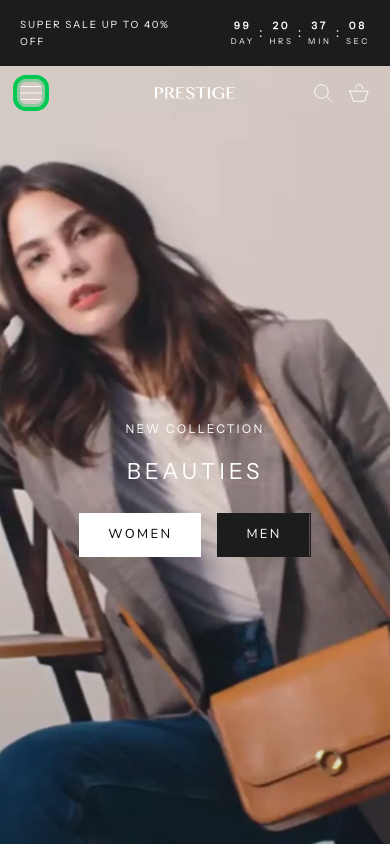 Hamburger → panel opened — Navi+ on the Prestige Shopify theme