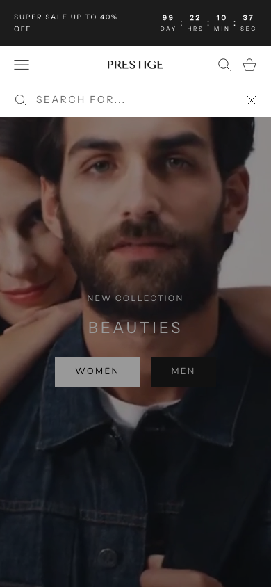 Search → panel opened — Navi+ on the Prestige Shopify theme