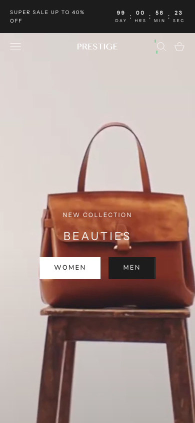 Search → panel opened — Navi+ on the Prestige Shopify theme