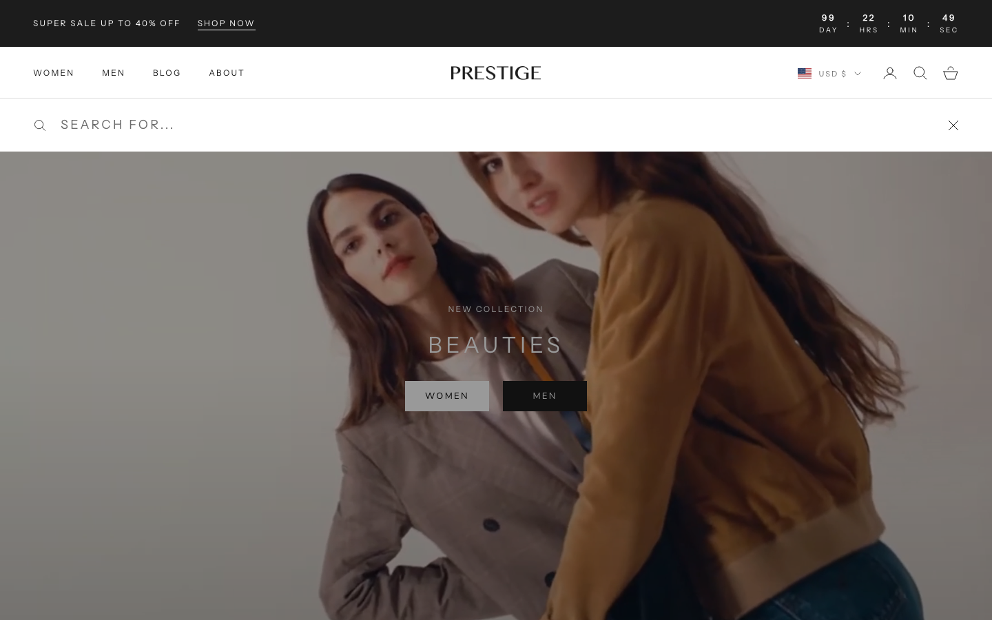 Search → panel opened — Navi+ on the Prestige Shopify theme