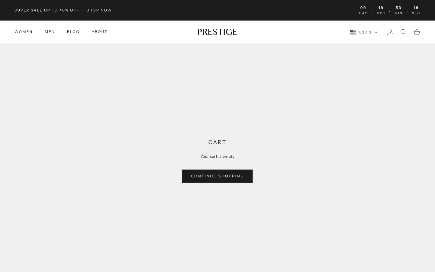 Cart → panel opened — Navi+ on the Prestige Shopify theme