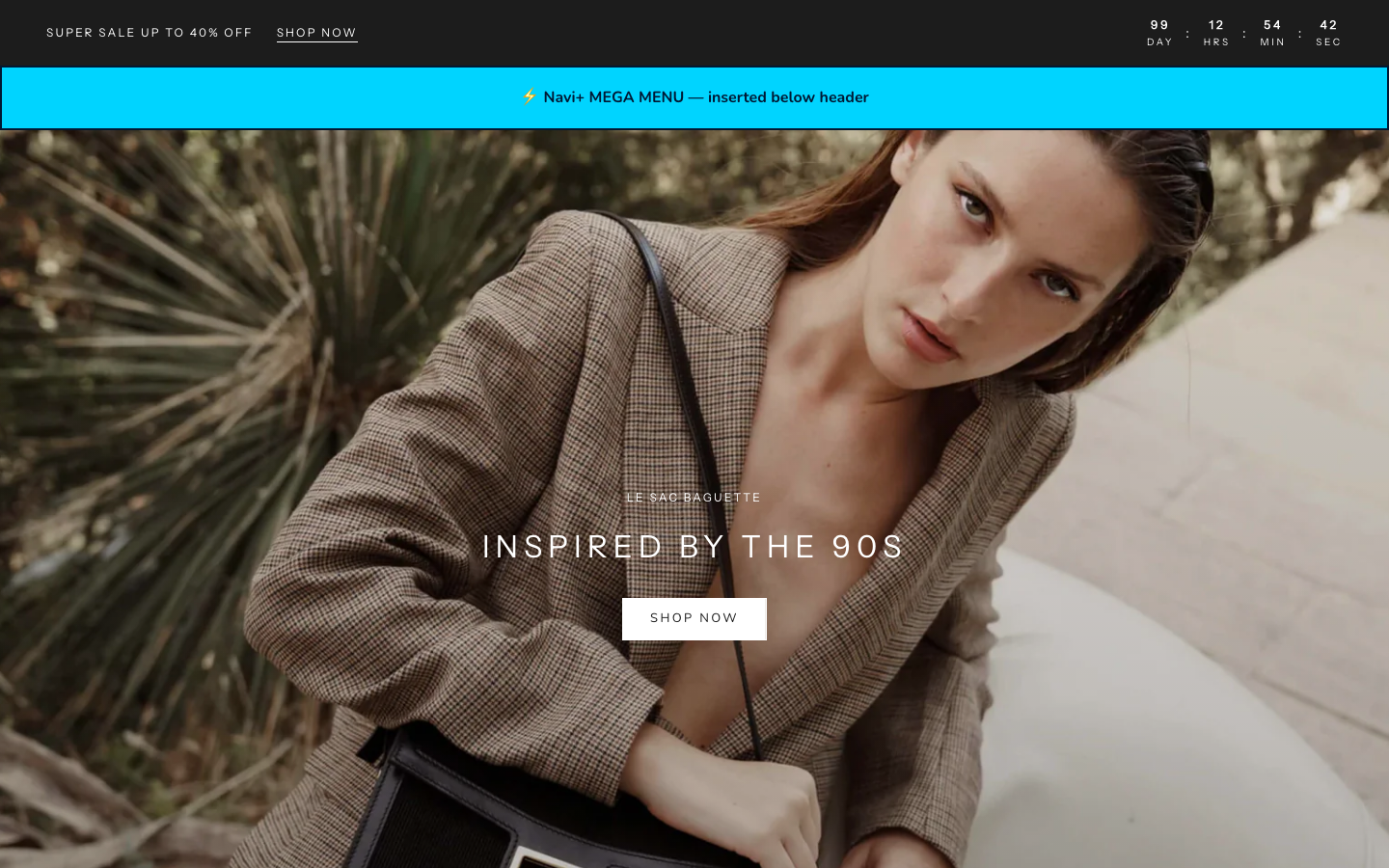 Menu inserted below header — Navi+ on the Prestige Shopify theme