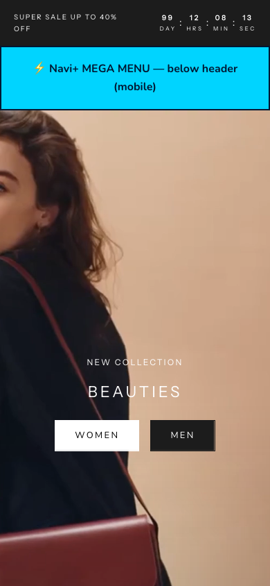 Menu inserted below header — Navi+ on the Prestige Shopify theme