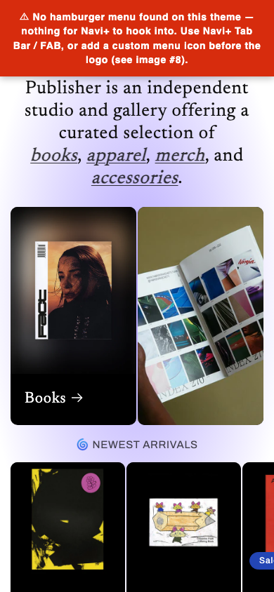Hamburger → panel opened — Navi+ on the Publisher Shopify theme Hamburger → panel opened — Navi+ on the Publisher Shopify theme