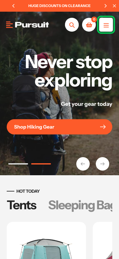 Hamburger → panel opened — Navi+ on the Pursuit Shopify theme