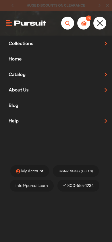 Hamburger → panel opened — Navi+ on the Pursuit Shopify theme